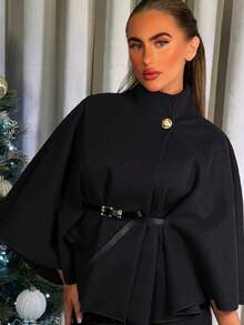 A Fashionable And Elegant Solid-Colored Short Coat (With A Three-Quarter Or Four-Quarter Sleeve, Women's Winter Style, With A Shawl-Like Appearance, Featuring A Lacing Design, Suitable For Work, Dates, Shopping, And Going Out. Applicable To Various Occasions.