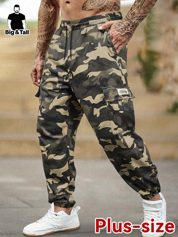 Plus-Size Men's Camo Cargo Pants With Side Pockets, Made Of Lightweight And Breathable Fabric, Are Sports Long Pants Suitable For Men's Outdoor Activities.