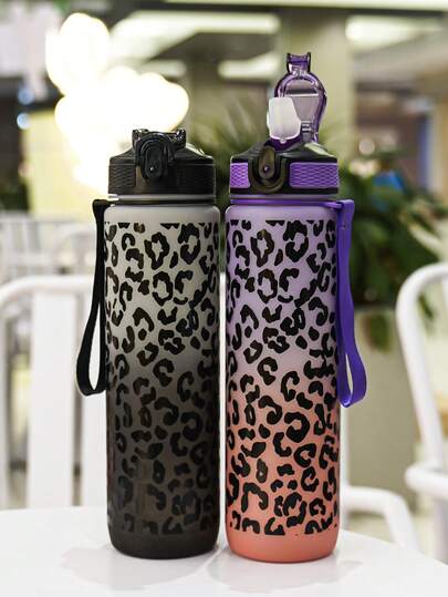 1pc 32OZ (Approx. 1000ml) Leopard Print Sports Water Bottle With Straw, Convenient Carrying Strap, Suitable For Outdoor Fitness, Sports, Short Trips, Camping
