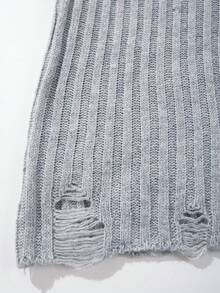 男女皆宜的韩版罗纹破洞下摆毛衣，休闲圆领宽松针织衫，适合秋冬季返校穿搭 - 灰色 - 查看 7