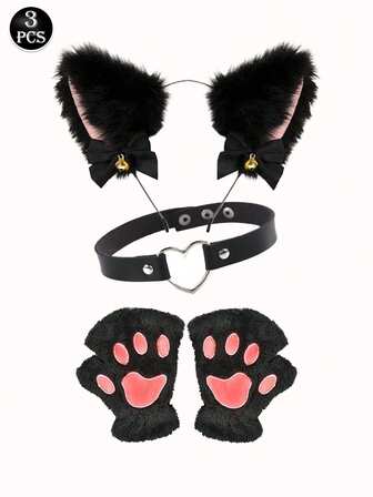 1/3 件女式性感黑猫服装套装，包括猫耳头带、尾巴、手套、项圈，适合女性、成人女孩万圣节服装配饰