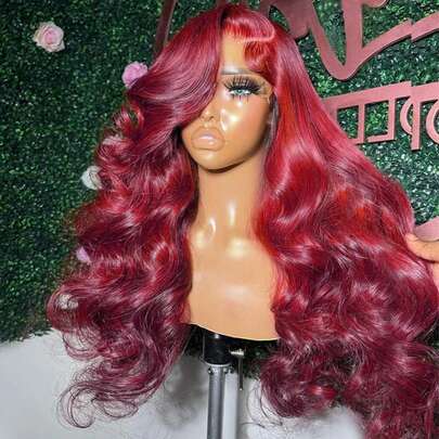 GABRIELLE 99J Burgundy Body Wave Lace Front Wig Human Hair 180 Density 13x4 Transparent Lace Frontal Wig 30 32 Inch Red Colored Human Hair Wigs Body Wave Glueless Lace Front Human Hair Wigs For Women