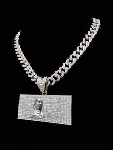 1 mặt dây chuyền hình tờ 100 đô la thời trang sáng tạo với dây chuyền Miami Cuban 13mm, dây chuyền mặt đô la phong cách đường phố Hip Hop Rock dành cho nam, dây chuyền Punk, thích hợp đeo hàng ngày hoặc dự tiệc, quà tặng ngày lễ tình nhân, 2 lựa chọn dây chuyền - Bạc - Xem 5