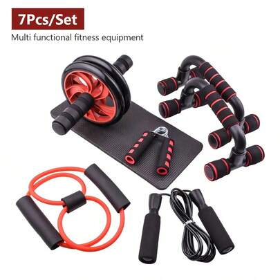 7pcs Home Gym Fitness Training Equipment,Complete Ab Workout Set With Push-Up Stand,Ab Wheel,Mini Mat,Resistance Band,Jump Rope And Hand Gripper,Abs Roller Workout Equipment,Uncharged Fitness Equipment Suitable For Full-Body Workout, Strength Training, And Flexibility Improvement, Gym Accessories,Perfect Gift For Graduation,Party,Birthday,Wedding.