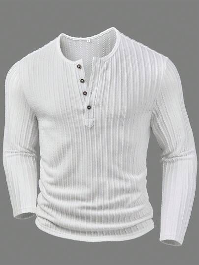 Men's Fashion Casual Textured Fabric Solid Color Knit Henley Neck Button Long Sleeve T-Shirt, Autumn/Winter