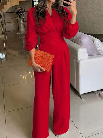 1 件纯色梭织面料连体裤，带拉链口袋，适合度假、节日、婚礼、生日派对、日常穿着，四季皆宜