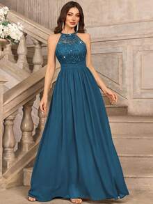MIUSOL Đầm maxi dự tiệc trang trọng, hở lưng, xếp ly, chất liệu chiffon đính sequin và ren hoa, thích hợp cho khách dự đám cưới, lễ tốt nghiệp, tiệc chiêu đãi và các dịp khác, ngày lễ tình nhân mùa xuân. - Màu xanh bụi bặm - Xem 4