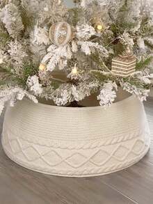 1 pieza Falda de árbol de Navidad de punto grueso de cable - Anillo de punto blanco crema con borde de strass cruzado, ajustable para árboles artificiales/con corona, decoración rústica de granja para días festivos y decoración neutral durante todo el año, adornos navideños, decoraciones navideñas, decoración de invierno para la habitación, decoraciones navideñas para el hogar, regalos de Navidad, decoración navideña