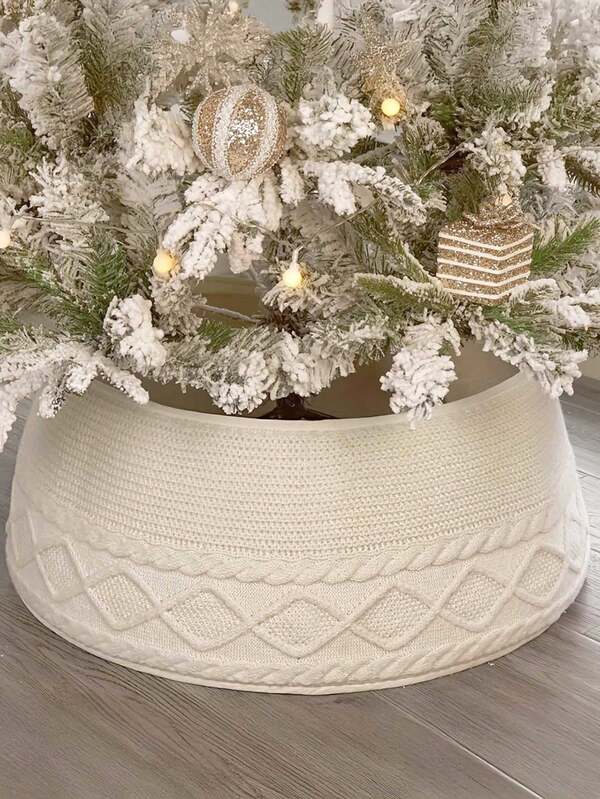 1pc Chunky Cable Knit Christmas Tree Skirt Collar - Cream White Knit Ring With Crossed Diamond Edge, Adjustable Fit For Artificial/Wreath-Topped Trees, Farmhouse Rustic Holiday Decor, & Year-Round Neutral Decoration, Christmas Ornaments Christmas Decorations Winter Room Decor