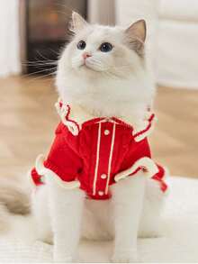 1件新款秋冬季幼犬公主风翻领小花刺绣毛绒连衣裙，圣诞节新年宠物服装 - 彩色 - 查看 10