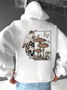 Men's Oversized Hooded Sweatshirt With Gothic Mushroom & Skull Back Print - White Pullover Hoodie, Long Sleeve Casual Streetwear, Machine Washable, Plus Size Comfort Fit For Everyday & Themed Events,Fall Hoodies,Men's Fall Clothes,Street Wear,Halloween,Mens Hoodies,Y2k Clothes,Jesus Hoodie,Thanksgiving Day,Nightmare Before Christmas,Christmas - trắng - Xem 1