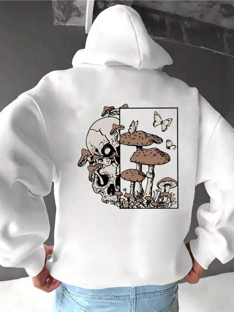 Men's Oversized Hooded Sweatshirt With Gothic Mushroom & Skull Back Print - White Pullover Hoodie, Long Sleeve Casual Streetwear, Machine Washable, Plus Size Comfort Fit For Everyday & Themed Events,Fall Hoodies,Men's Fall Clothes,Street Wear,Halloween,Mens Hoodies,Y2k Clothes,Jesus Hoodie,Thanksgiving Day,Nightmare Before Christmas,Christmas - trắng - Xem 1