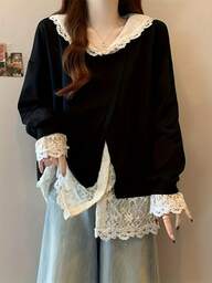 エレガントなプラスサイズレディースブラックロングスリーブトップス、アシンメトリーネック、コントラストレーストリム、織物生地、レギュラー丈ブラウス