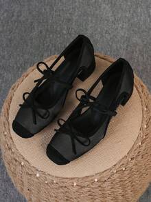 方头粗跟女鞋，百搭蝴蝶结一脚蹬平底鞋，时尚穆勒鞋，黑色镂空高跟鞋，女式高跟浅口鞋，尺码偏大 35-43 - 黑色中空(雙蝴蝶結) - 查看 3