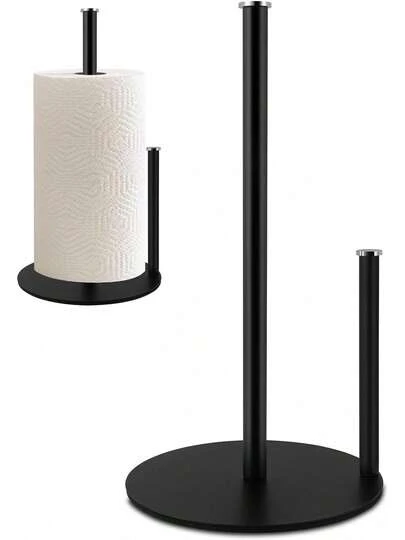 Portarrollos de Papel para Cocina en Acero Inoxidable - Soporte Estable con Base Pesada para Encimera - Dispensador de Toallas Fácil de Usar para Hogar, Baño y Decoración para Cocina (Negro)