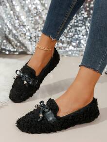 女士一脚蹬休闲运动平底鞋，时尚百搭舒适黑色蝴蝶结鞋，纯色绒面平底户外鞋，学院风 - 黑色 - 查看 2