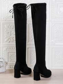 Damen elegante Einfarbige Overknee-Stiefel mit Stoff, Schnallen- und Schleifen-Design, geeignet für Gym, Outdoor, Party im Herbst/Winter