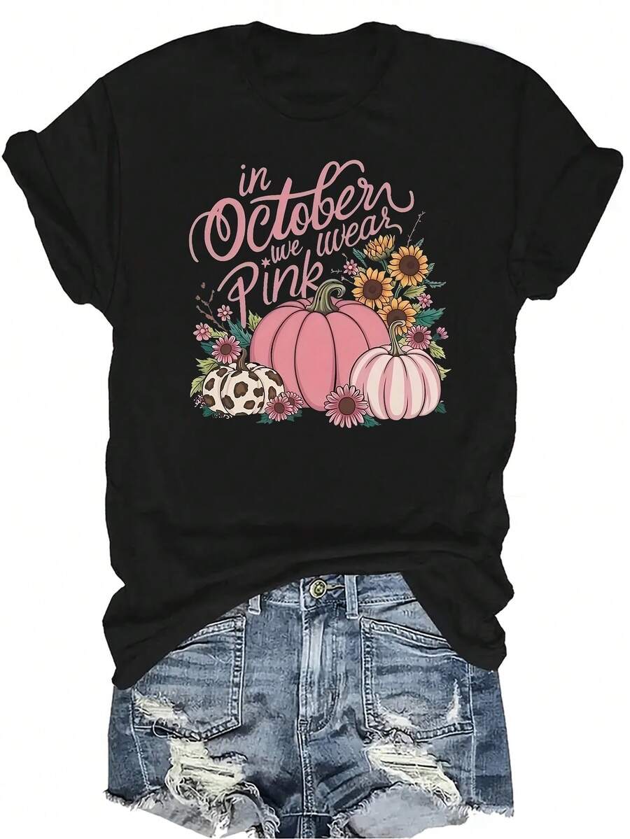 [Camiseta de moda casual] Camiseta de mujer suave y cómoda - Diseño floral de calabazas de octubre rosa, cuello redondo de manga corta, uso casual perfecto para la abuela y la mamá, ropa casual de primavera y verano - Negro - Ver 1
