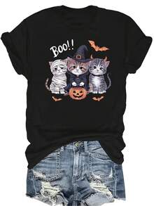 [Camiseta de Moda Casual] Camiseta suave y cómoda para mujer - Adorables gatitos de Halloween Casual de manga corta y cuello redondo, regalo perfecto para la abuela y la mamá, uso casual de primavera y verano - Negro - Ver 1