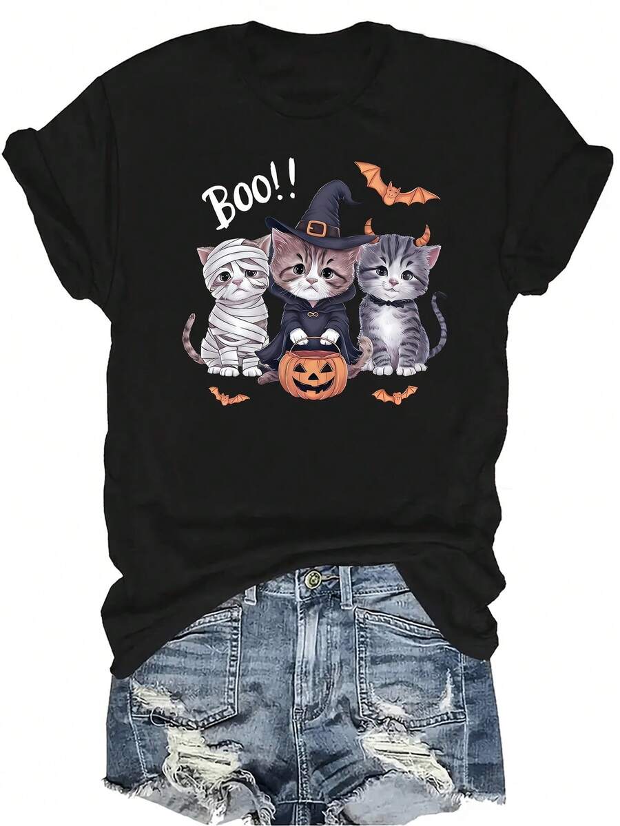 [Camiseta de Moda Casual] Camiseta suave y cómoda para mujer - Adorables gatitos de Halloween Casual de manga corta y cuello redondo, regalo perfecto para la abuela y la mamá, uso casual de primavera y verano - Negro - Ver 1