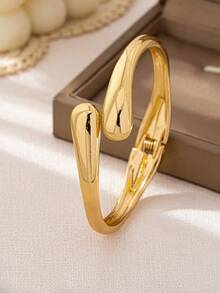 Set de 3 piezas/1 set de pulseras tipo brazalete geométricas minimalistas asimétricas con forma de lágrima, de tono dorado con textura gruesa, adecuadas para mujeres, de material grueso, liso, mate, de metal pesado y aleación de zinc - Amarillo Oro - Ver 9