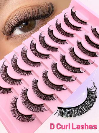 10对浓密猫眼睫毛俄罗斯条状睫毛D形卷曲假睫毛自然睫毛柔软仿貂毛睫毛