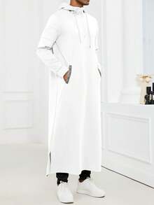 Hooded Thobe With Drawstrings,Modern Islamic Clothing For Men,Kamisweat Thobe,Muslim Men's Long Thobe Kamees