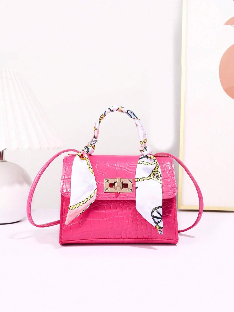 1pc Girls' Solid Color Mini Crossbody Bag, Scarf Decor Handbag, Suitable For Daily Use, Ideal Gift Choice - Hot Pink - View 1