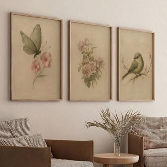 3件套，复古蝴蝶鸟类花卉油画印刷品，鼠尾草绿墙饰，无框植物农舍装饰画，柔和粉彩艺术海报，送给爱鸟人士的礼物，墙面装饰，适用于客厅、卧室、宿舍、走廊、家居和房间装饰的帆布画