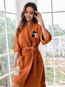 1 pièce Peignoir de bain brodé pour femmes, vêtement d'intérieur doux. Séchage rapide mais chaud, convient pour les fêtes, la maison, l'hôtel, la piscine, le spa, toutes les saisons