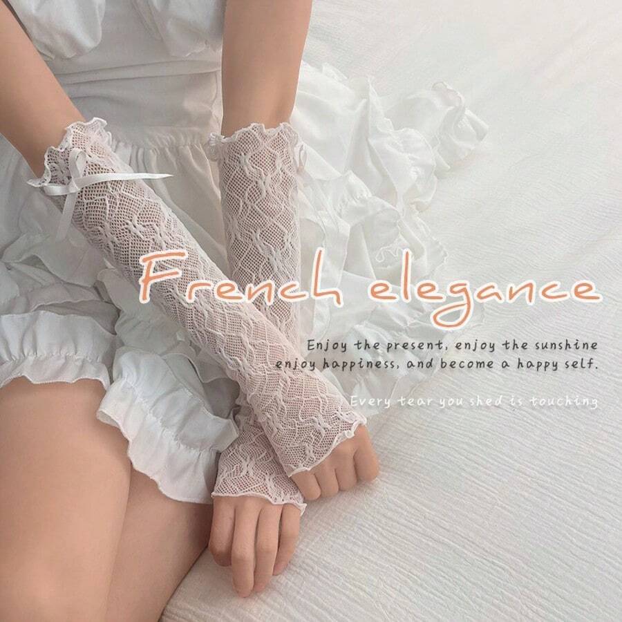 Lady Lace Sleeve Cap With Bow Trim Lace Sock Cover For Girls - Lolita Openwork Lace Hand Sleeves - Japanese Ballet Sleeve Cover