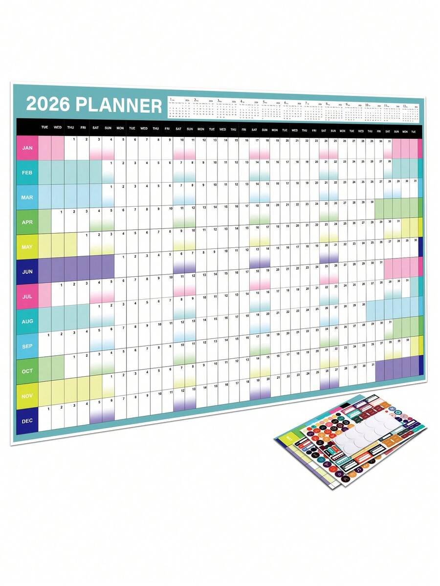 2026 Wall Calendar - Full Year View, 2026 Wall Calendar Suitable For Home, School And Office, 2026 Calendar Planner, Home Organization, Study Supplies, Fashion Planner, Minimalist Design, Durable Paper, Smooth Writing, Monthly Planner, Planning Tool, Home Organization, Office Supplies - Multicolor - View 1