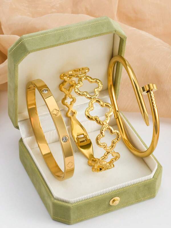 18K Gold Plated Stainless Steel Stackable Bracelet With Chain And Clover Design, Fashion Style For Women, Suitable For Casual, Party, Holiday, Birthday, Wedding, Gift Valentines,Mom,Mother,Mother's Day,Gift