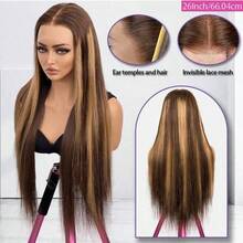 13x4 4/27 蜂蜜金挑染高清蕾丝前假发 28 英寸真人前额发丝，染色自然直发蕾丝前额假发，预先拔毛，带婴儿发，200% 密度耐热纤维混纺假发，女士款 - S4/27 - 查看 3