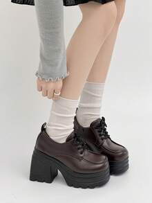 10cm Super High Heel Brown Thick Sole British Style Small Leather Shoes, Chunky Heel Mary Jane Loafers, Versatile Lace-Up Shoes For Commuting - Brown - View 6