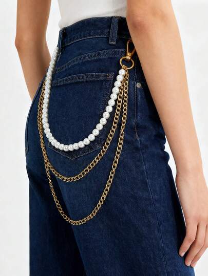 1pc Pearl Double Layer Chain Belt, Gold Color, Fashion & Personalized, Suitable For Women's Daily Wear And Party