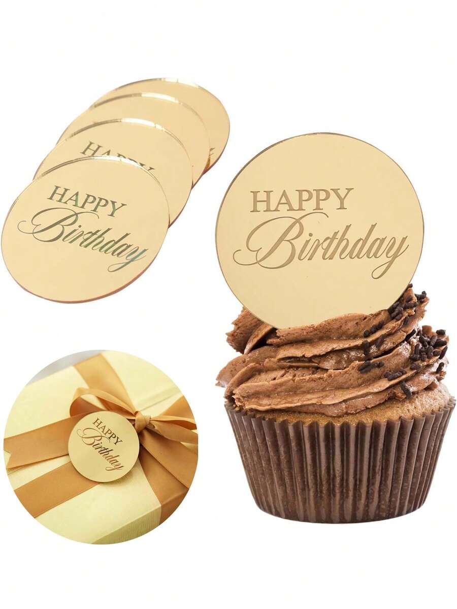 10pcs Gold Mirror Acrylic Cupcake Toppers, Happy Birthday Cake Plate Decorations, Round Birthday Party Dessert Baking Cake Decor - Gold - View 1