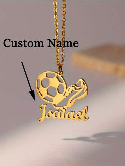 1pc Custom Engraved Name Soccer Necklace, Personalized Name Stainless Steel Sports Simple Women's Accessories, Football And Shoes Pendant Design, Birthday Anniversary Family Gifts, Football Accessories, Sports Fans Accessories