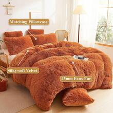 Plush Shaggy Duvet Cover Set, Ultra Soft Fluffy Bedding Sets 3 Pieces (1 Fuzzy Comforter Cover + 2 Pillow Cases), Zipper Close (, Pink), Luxury Bedding - Burnt Orange - 查看 2