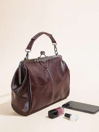 Mjuk vintage-läderväska med stor kapacitet, Kisslock-axelväska, axelväska, handväska, telefonväska, kuvertväska, festväska i spansk stil, mångsidig födelsedagspresent, avtagbar rem, överkomligt pris