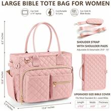 Large Bible Bag With Bible Cover Case For Women, Quilted Church Tote Bag Bible Carrying Case W/Shoulder Strap, Bible Study Supplies Journaling Kit Bible Accessories Mothers Day Christian Gifts For Women Mom Her - Pink - View 3