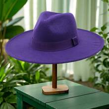 Adults Panama Hat With Ribbon Band Fashionable Wide Brim Felt Fedora Caps For Daily Life And Party - Màu tím - Xem 3