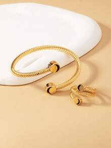 2 Pieces/Set Of Fashionable And Versatile Personalized Gold Twist Open Bracelet Ring Set, Fashionable, Lightweight, Summer Beach Vacation Bracelet Ring Jewelry Set, Suitable For Women's Daily Wear, Various Holiday Party Jewelry, Couple Gifts