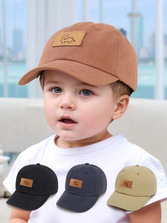 1 Peça Boné de Beisebol Infantil com Etiqueta de Dinossauro de Couro Sintético, Chapéu de Proteção Solar de Cor Sólida, Adequado para Proteção Solar ao Ar Livre e Uso Casual Diário