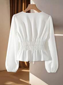 Women's Fashion Bestselling Versatile Elegant V-Neck Waist Tie Cinched Waist Slim Fit Solid Color Long Sleeve White Blouse, Spring/Autumn