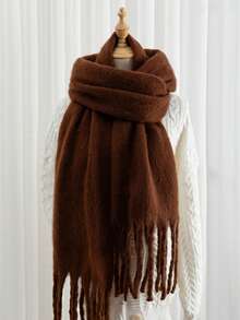 1条女士白色冬季流苏围巾，多功能，可作头巾、披肩或围巾佩戴，女士礼物，保暖防风，适合日常、旅行及其他场合。 - 棕色 - 查看 2