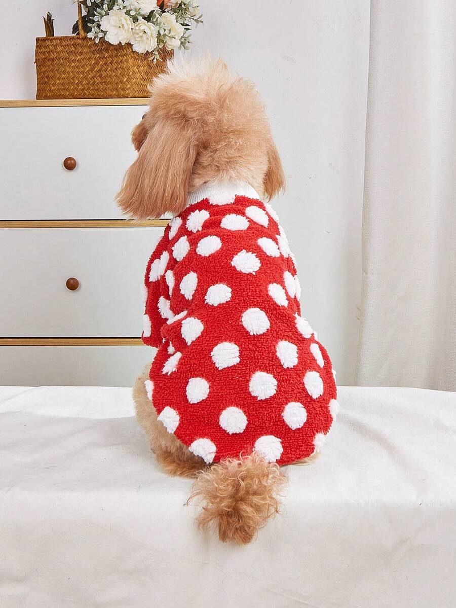 EOO 1pc Cat & Dog Universal Fashionable New Ins Style Warm Fleece Pet Sweatshirt With Red & White Spotted Pattern, Autumn/Winter - Multicolor - View 1