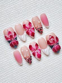 Elegant Mysterious Press On Nails Almond Medium Long 10Pcs - Black And White French Tip With Red Gradient 3D Florals & Crystal Silver Bead Water Drops - Vampire's Feast Nail Art Kit Reusable With Nail Glue & File - Goth Halloween Christmas Nail Supplies - Multicolor - View 2