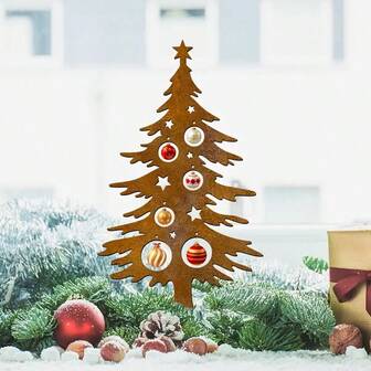 1 件装饰性生锈金属圣诞树花园，户外装饰，不含彩色塑料球，适用于露台草坪门廊围栏、节日家居花园装饰、圣诞装饰品