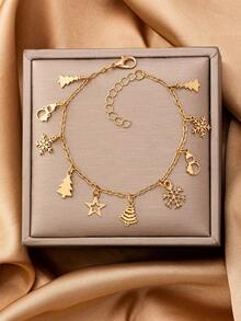 1 Pc Christmas Tree Snowflake Snowman Chain Link Bracelets - Gold Tone Metal Christmas Bracelet - Holiday Festive X'mas Jewelry Gift For Women & Girls - Christmas Tree Snowflake Bracelet - View 3